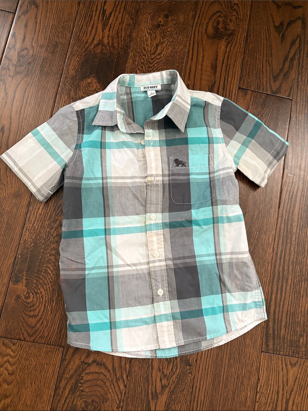 Old Navy Boys Plaid Short-Sleeve Button-Up Shirt - Aqua, Gray & White